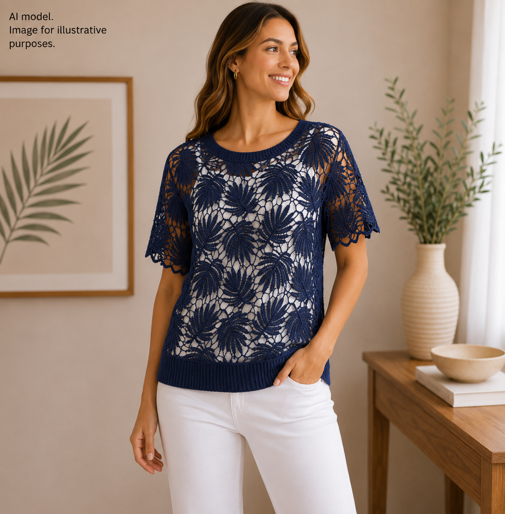 Lilly Pulitzer Shirt Top Womens Small Dark Blue Palm Tree Lace Open Knit